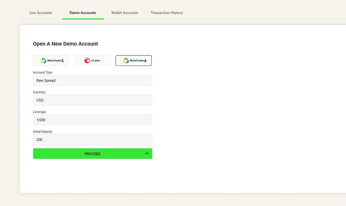 Broker website registration form for opening a free MT4 demo account
