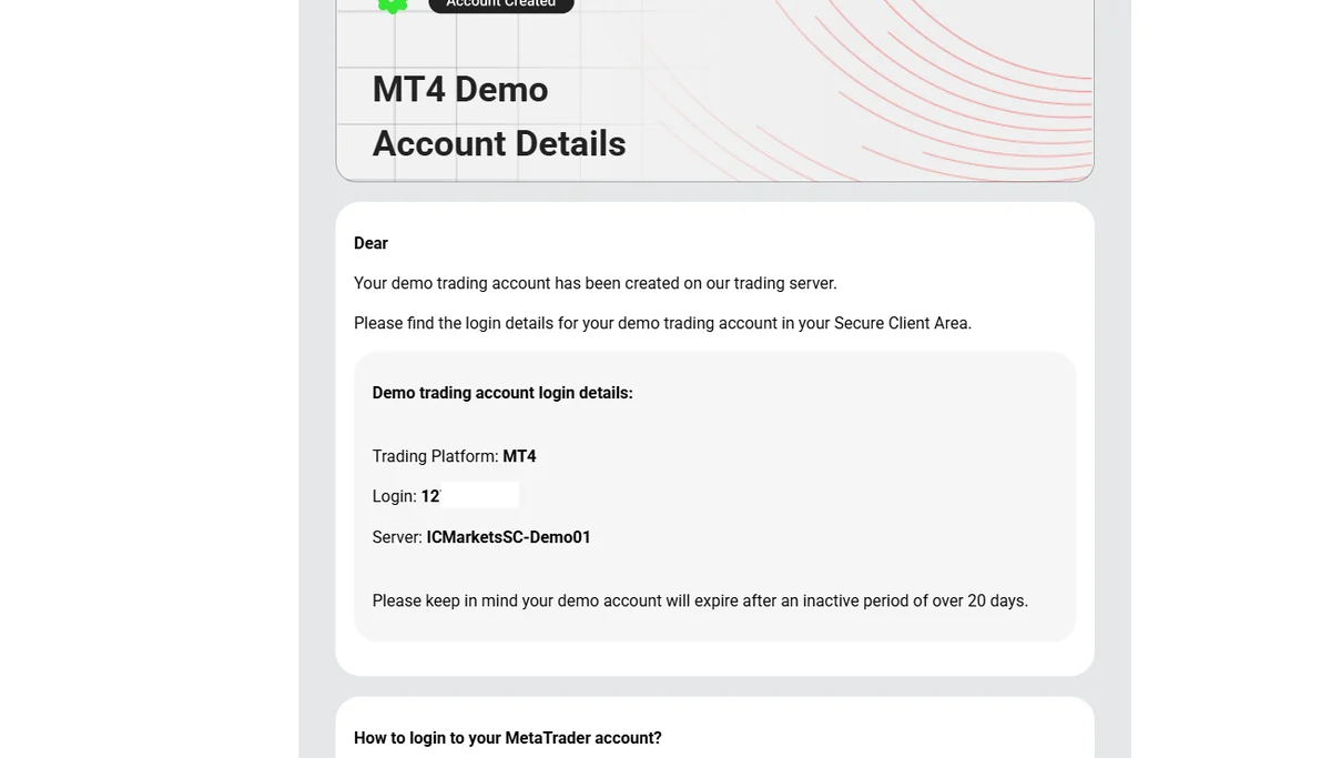 Email from broker showing MT4 demo account login credentials and server name