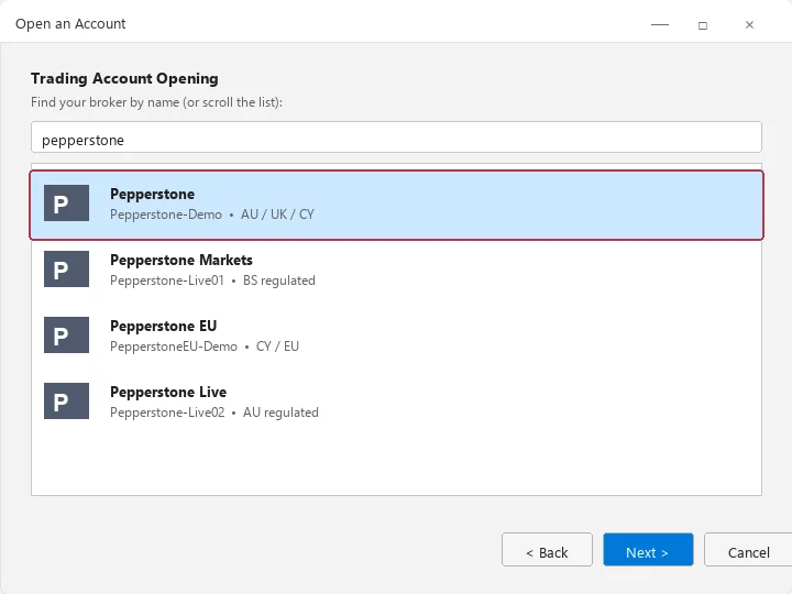 MT4 platform File menu Open an Account dialog for in-platform demo registration